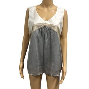 Tara Ryan Sleeveless White Tan Gray A Line Embroidered Stitch Blouse Womens XL